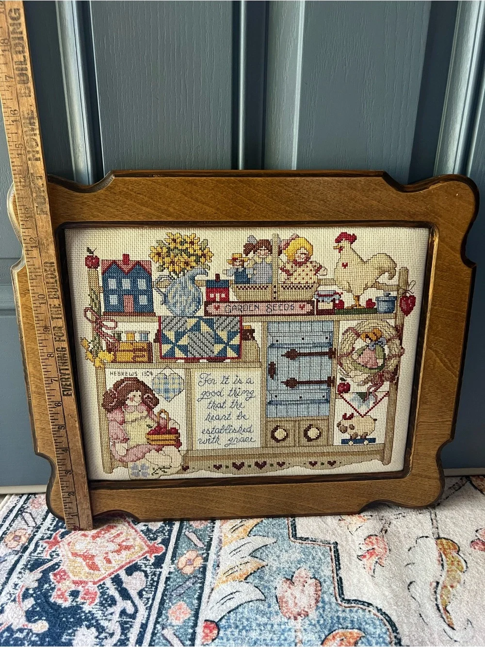 Vintage Cottage Core Wood Framed Counted Cross-Stitched Farmhouse Hebrews 13:9